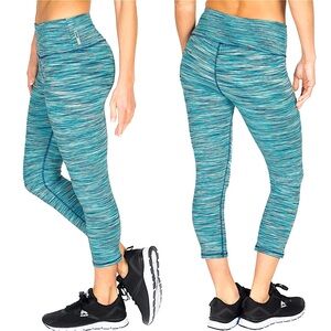 RBX Stratus Multicolor Striated Cropped Capri Workout Leggings Aqua Blue Stripe